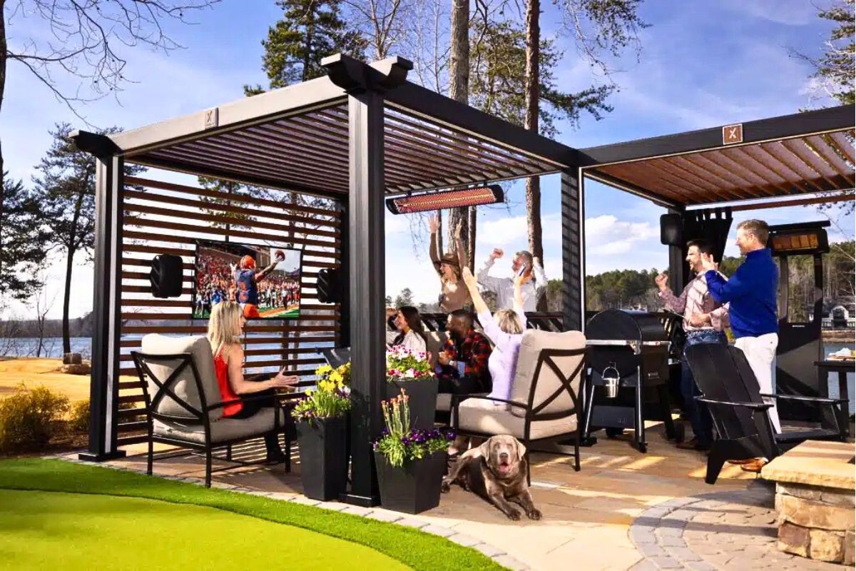 group of people enjoying outdoor pergolas