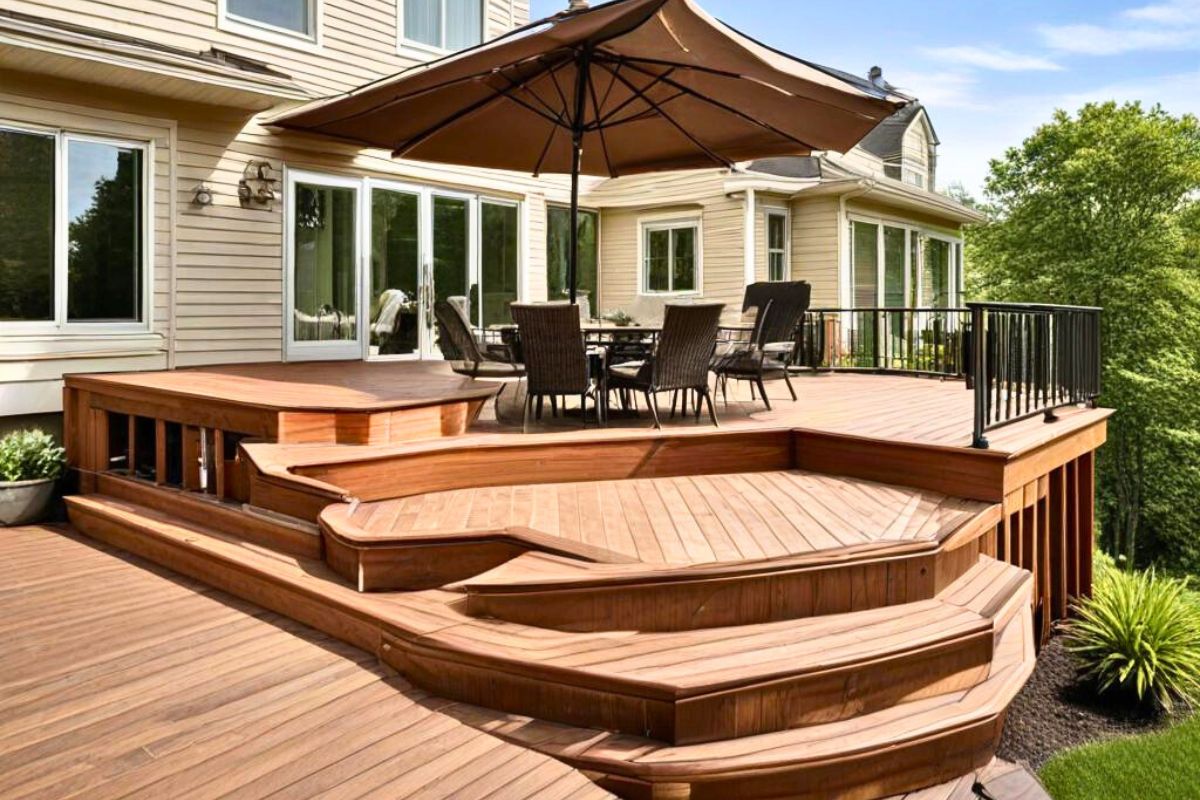 large outdoor deck patio installed in backyard