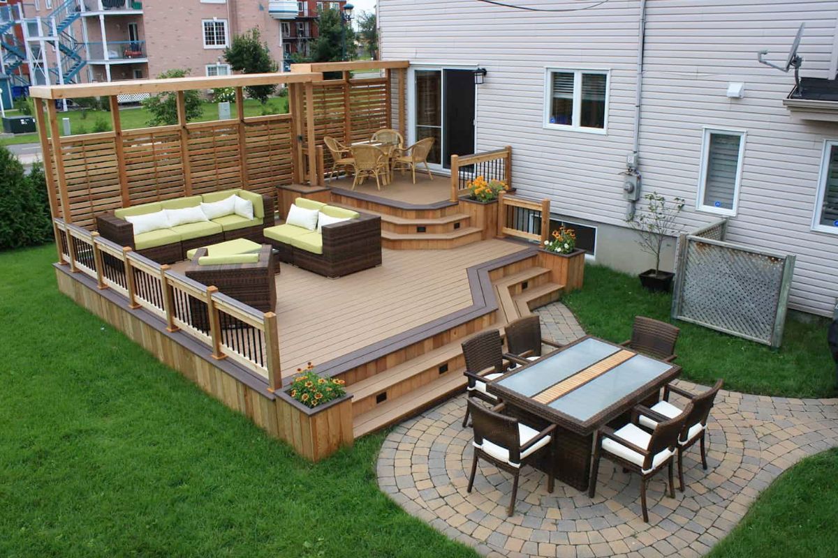 outdoor deck patio with stone patio