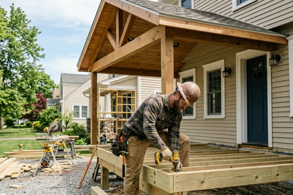 A construction worker wearing a brown hard hat, safety glasses, a plaid shirt, and a tool belt stands on the wooden joists of a house porch under construction.