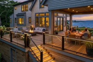 Luxury coastal outdoor living space featuring integrated deck lighting, illuminated stairs, glass railings, and fire pit on a custom North Shore Massachusetts home.