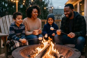 Family gathered around a gas fire pit on a deck at dusk.