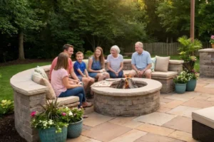 Family gathered around a built-in fire pit on a natural stone and paver patio surrounded by landscaping.