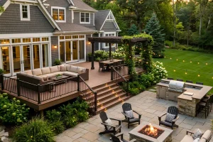Multi-level deck and patio with outdoor kitchen, pergola, fire pit, lounge seating, and landscape lighting